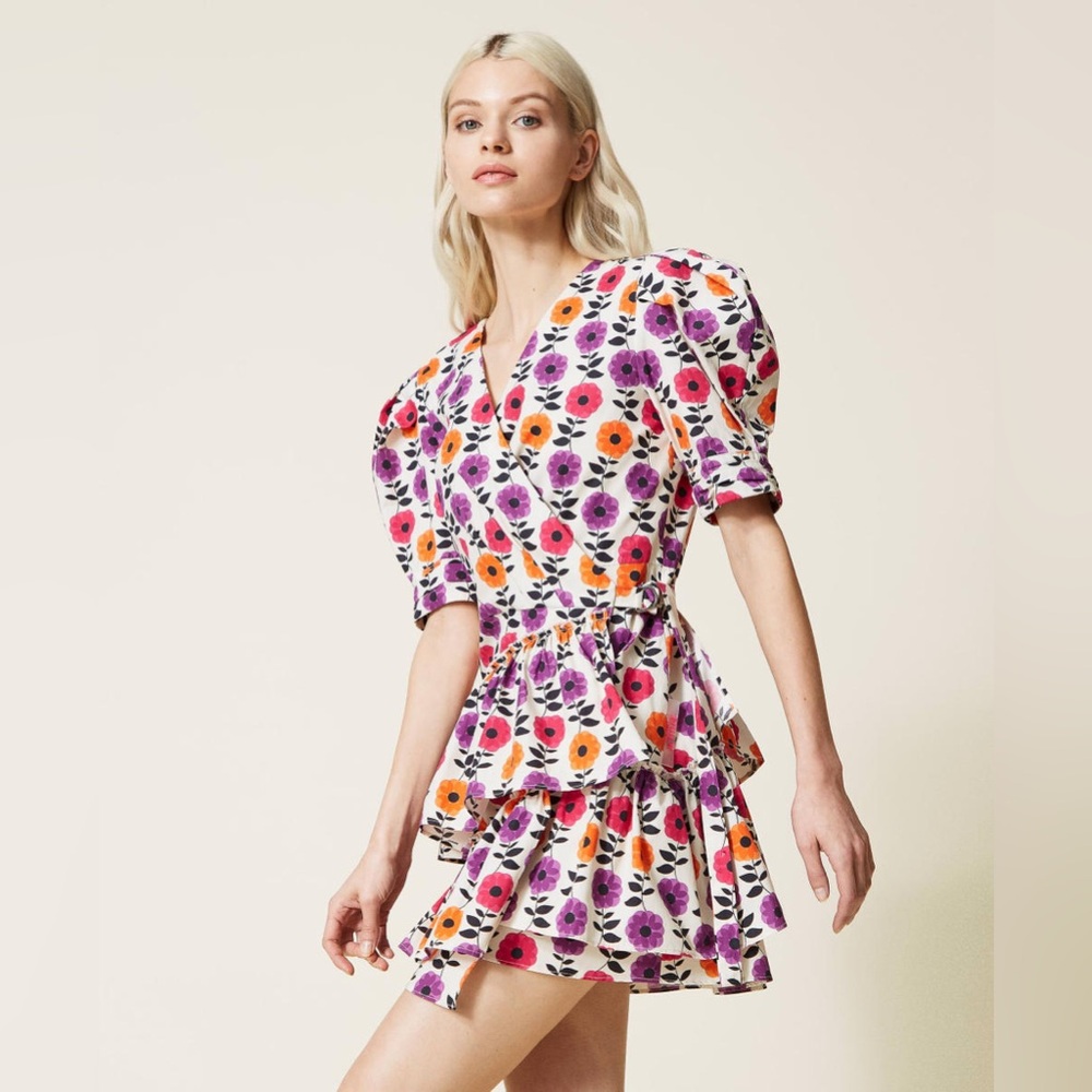 [LIKE NEW] TWINSET Poplin Wrap-Around Floral Mini Dress. Size Small